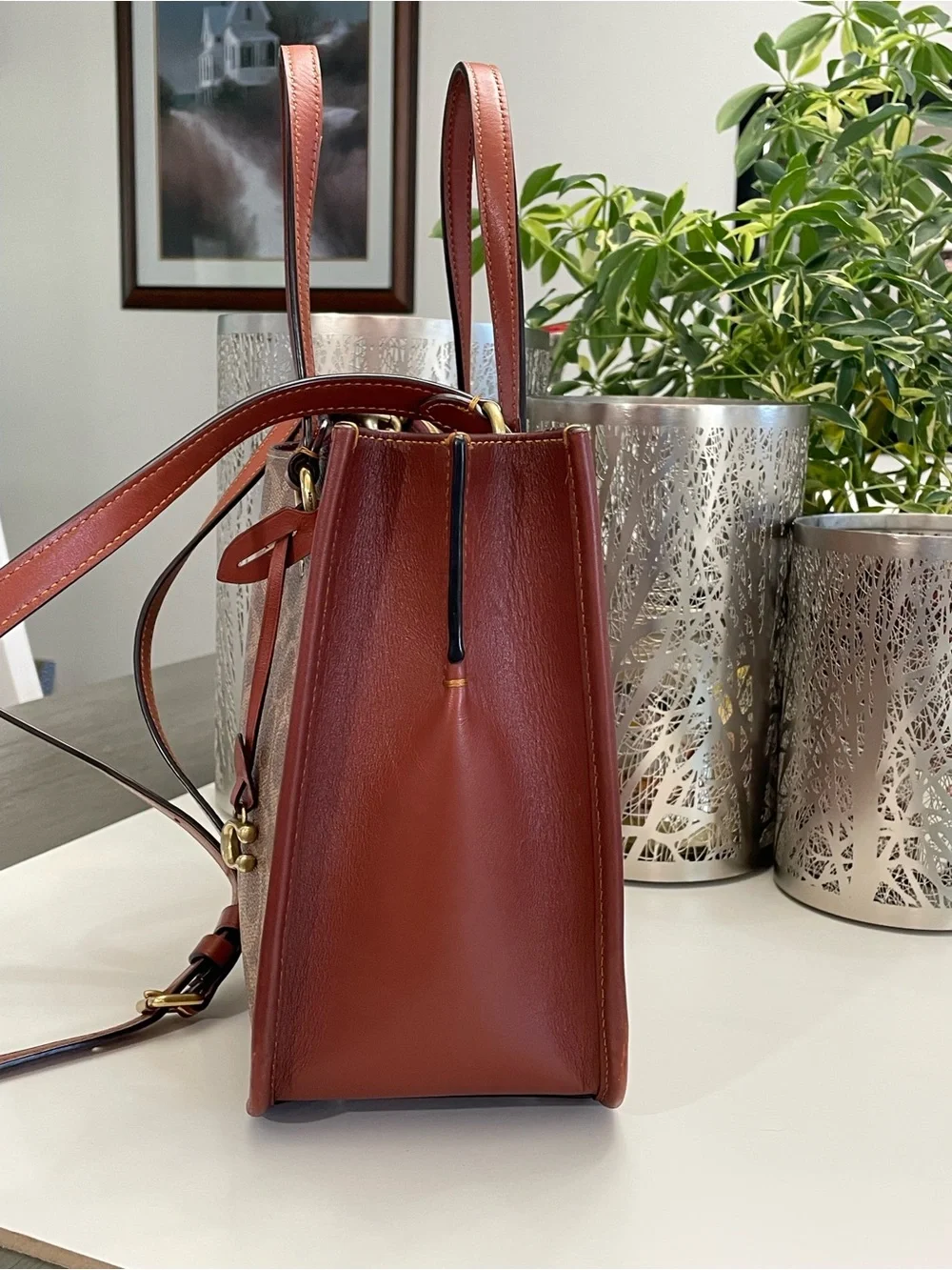 Coach Brown Signature Canvas Tote with Saddle Leather Trim